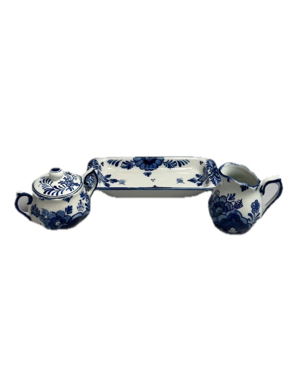 Delft Delft Blue Floral Ceramic Tray Creamer Sugar Bowl Set Handpainted Scrolled